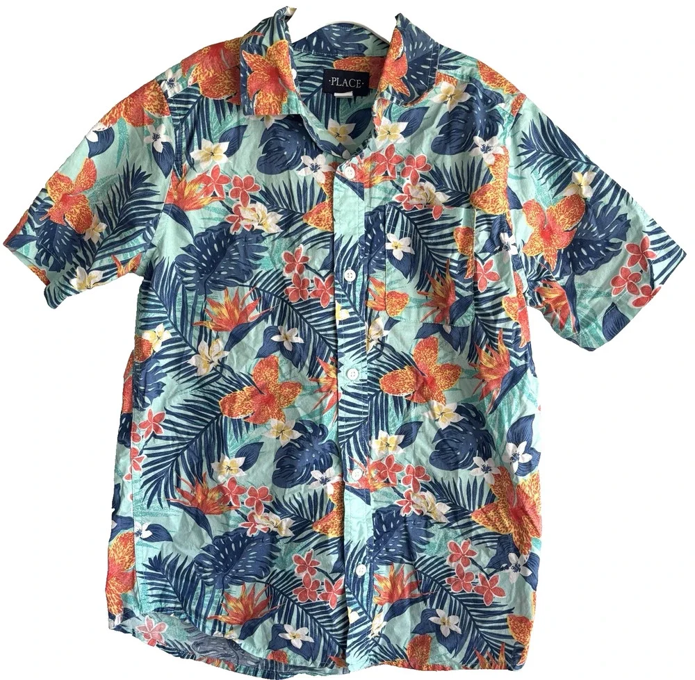 The Childrens Place Boys Large 10-12 Tropical Hawaiian Button Up Shirt Cotton